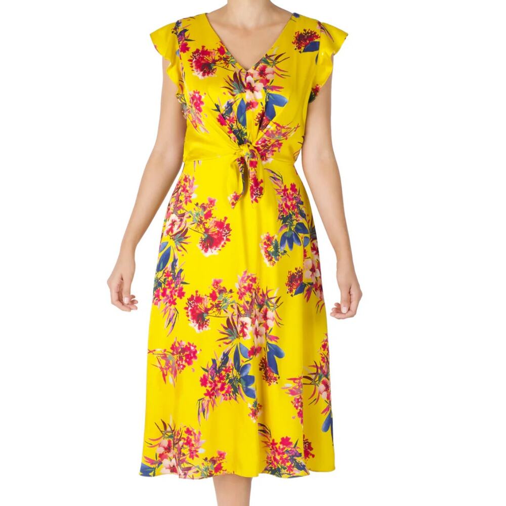 Julia Jordan Yellow Floral Dress size 10 Flutter Sleeve French Twill Midi